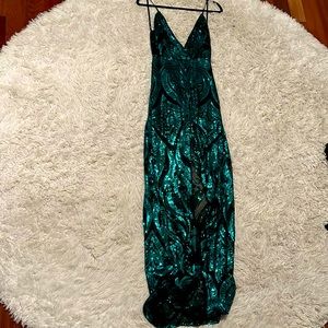 Floor length gown, sheer black with turquoise sequins